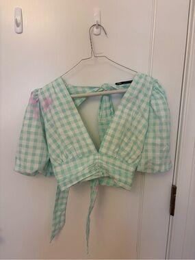 Zara Mint & White Gingham Tie-Back Crop Top
